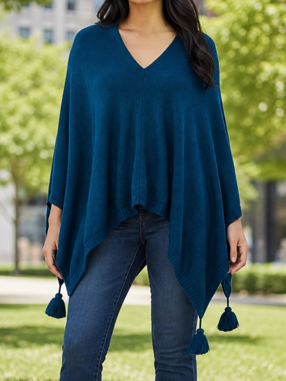 ANN TAYLOR Poncho Sweater Teal Blue Green Soft One Size Pull Over Knit Tassel